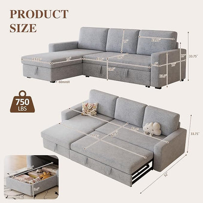 81" Convertible L-Shaped Pull Out Sectional Sleeper Sofa Bed, Light Gray | Storage Chaise, Pull Out Sectional Couch, Removable Cushions, Chenille Fabric, For Small Apartment & Living Room