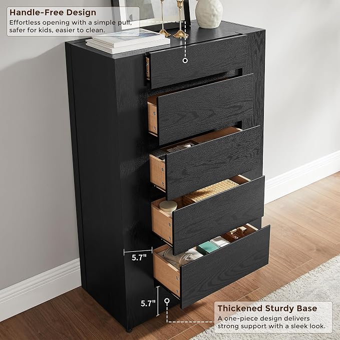 OKD 5 Drawer Dresser for Bedroom, 48" Tall Dresser Chest of Drawers with Thick Wood Design, Handleless, Modern Bedroom Dresser, Storage Organizer for Living Room/Entryway, Black Oak