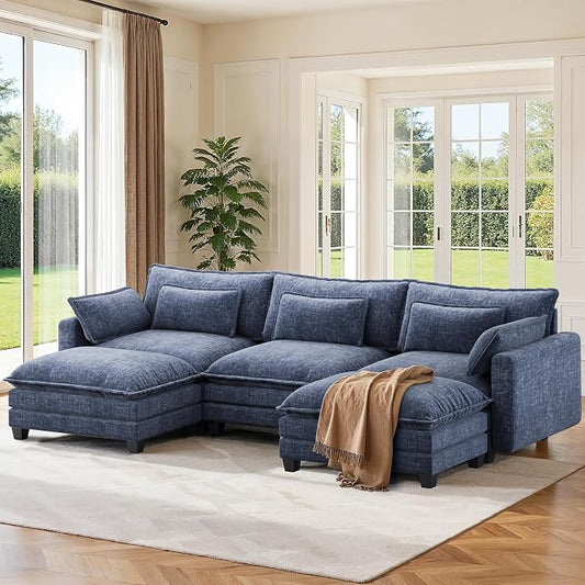 Pipishell 110.6" Modular Sectional Sofa, U Shaped Cloud Couch with Movable Ottoman, 5-Seat Chenille Deep Seat Cloud Modular Sectional Sofa with Throw Pillows for Living Room & Apartment, Blue