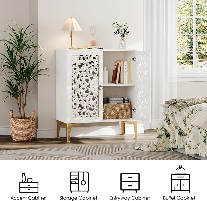 JOINICE 31.5" Accent Storage Cabinet with Carved Doors, White Boho Sideboard for Storage, Coffee Bar Cabinet & Entryway Table with Gold Legs, Decorative Buffet Cabinet for Dining Room, Living Room