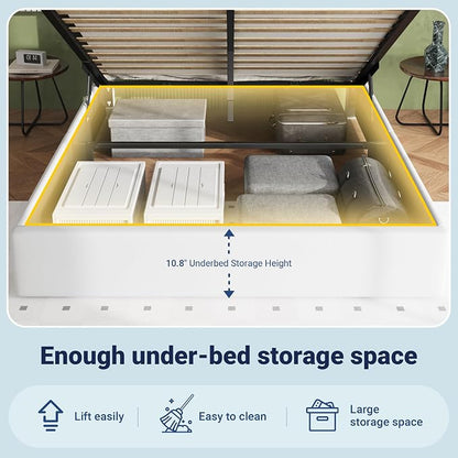 Allewie Queen Size Lift Up Storage Bed Frame with Charging Station & LED Lights, Adjustable Velvet Upholstered Storage Headboard, Type-C & USB Ports, Hydraulic Support, No Box Spring Needed, White