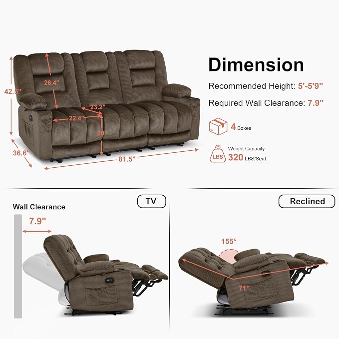 MCombo Zero Gravity Power Reclining Sofa with Heat and Vibration Massage, 3 Seater Reclining Couch with USB Ports, Cup Holders for Living Room, Fabric PR648SET (Dark Brown)