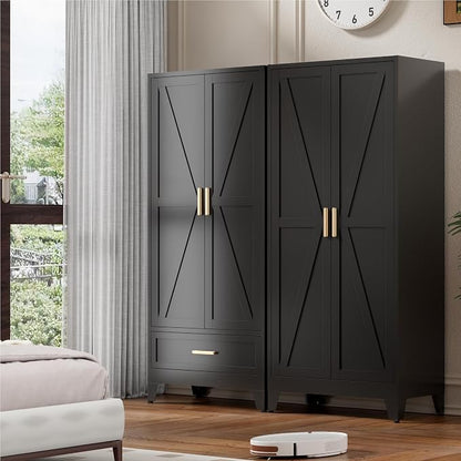 Washsemba 71'' Black Farmhouse Metal Wardrobe Cabinet with Hanging Rod, 2 Barn Door Wardrobe Closet with Adjustable Shelves,Drawer,for Dining Room,Bedroom,Living Room, Cloak Room,Office