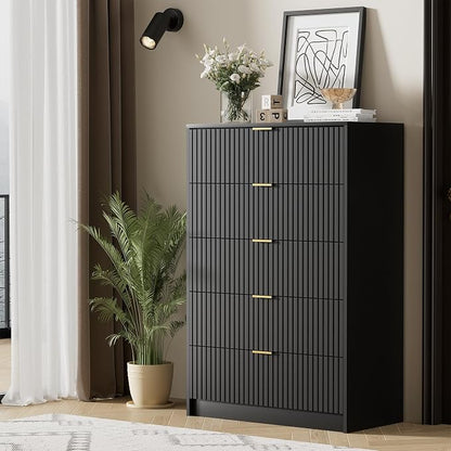 Furniway Black Dresser for Bedroom, Modern Dresser with 5 Drawers and Smooth Slides, Wide Chest of Drawers with Golden Handles for Bedroom, Living Room, Closet, 15.7" D x 31.5" W x 47.2" H