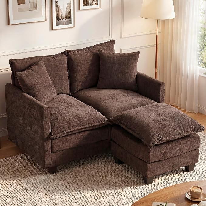 50'' L-Shape Loveseat Sofa with 22" Ottoman, 2 Seat Modern Cloud Couch with 2 Washable Pillows for Small Space Apartment Office Living Room Bedroom, Brown