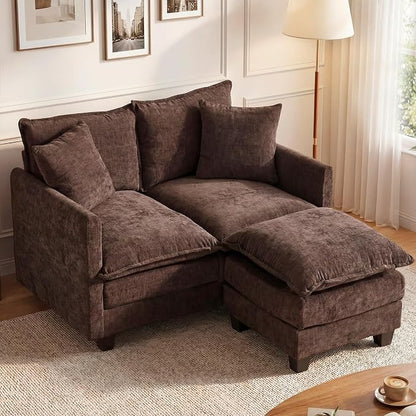 50'' L-Shape Loveseat Sofa with 22" Ottoman, 2 Seat Modern Cloud Couch with 2 Washable Pillows for Small Space Apartment Office Living Room Bedroom, Brown