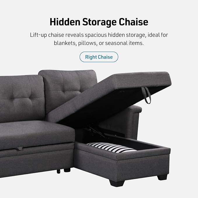 Lilola Home Ashlyn 84-inch Wide Dark Gray Linen Fabric Reversible Sleeper Sectional Sofa with USB Charging Ports – Convertible Pull-Out Bed, Storage Chaise, Side Pockets, and Medium Firm Cushioning