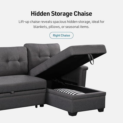 Lilola Home Ashlyn 84-inch Wide Dark Gray Linen Fabric Reversible Sleeper Sectional Sofa with USB Charging Ports – Convertible Pull-Out Bed, Storage Chaise, Side Pockets, and Medium Firm Cushioning