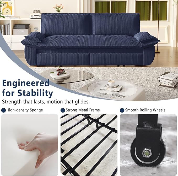 73.2" Sofa Bed Queen Size, Pull Out Couch Bed, 3-in-1 Convertible Sleeper Sofa with Cushion Armrest, Modern Corduroy Futon Couch for Living Room, Small Space, Apartment, Bedroom, Dark Blue