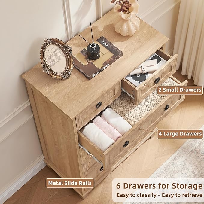 Joaxswe Farmhouse 6 Drawer Dresser for Bedroom Set of 2, 41" Tall Small Dressers & Chest of Drawers, Rustic Wood Dresser with Metal Handle, Storage Organizer Closet for Living Room, Hallway, Entryway