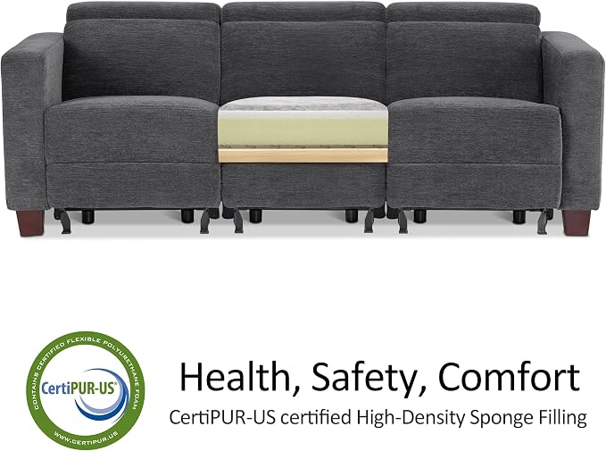 MCombo 88.6'' Reclining Sofa, Wall Hugger Power Recliner Sofa with Adjustable Headrest, USB A & C Charge Ports, Wood Legs, for Living Room (Fabric, HL198M3) (Dark Grey, 3-Seater)