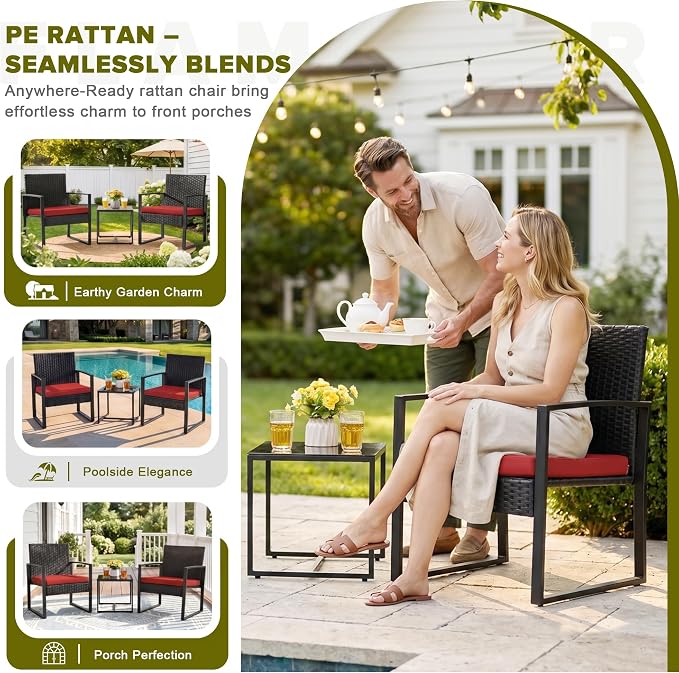 Flamaker 3 Pieces Wicker Patio Furniture Outdoor Modern Rattan Chair Conversation Sets with Coffee Table for Yard and Bistro (Red)