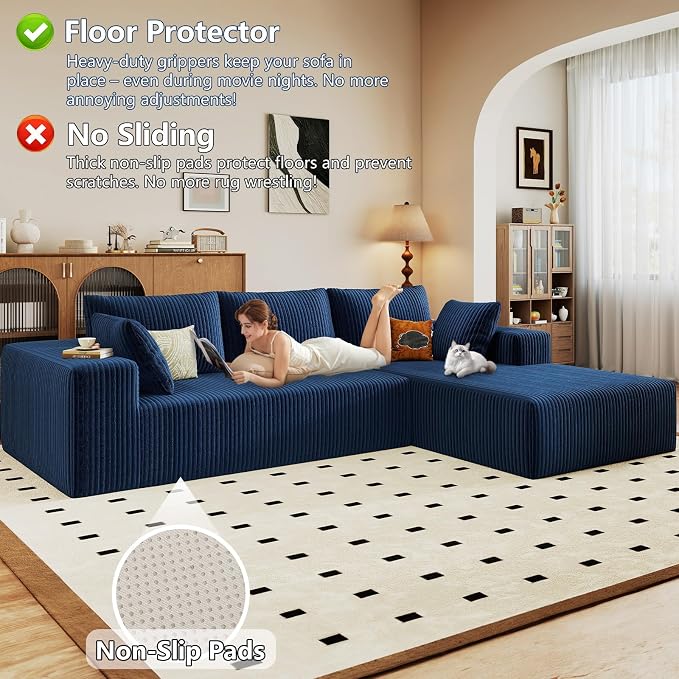 96" Modular Sectional Sofa, Modern Corduroy Cloud Couch with Deep Seat, Boneless Couch Upholstered 3-Seater L-Shaped Sofa for Living Room, No Assembly Required (Blue, Right-Facing Chaise)