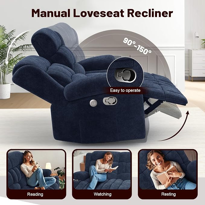 Loveseat Recliner Sofa Set with 2+1+1 Pieces, 2 Seater Minimalist Style Fabric Manual Pull Tab Reclining Loveseat with USB Charge Ports, Cup Holders, Recliner Couches for Living Room, RV, Blue