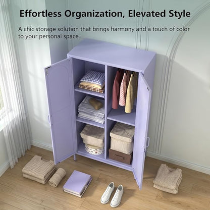 67" Industrial Lockable Metal 2-Door Wardrobe Storage Cabinet with Hanging Rod & Adjustable Shelves, Heavy Duty Multipurpose for Bedroom, Garage, Home Office, Purple 67" H X 31.5" W X 18.1" D
