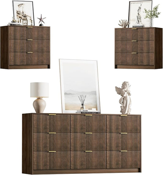 Furniway 3 Piece Bedroom Set, 9 Drawer Dresser and 3-Drawer Nightstand Set of 2 with Gold Handles, Mid-Century Modern Wood Chest of Drawers Storage Cabinet for Bedroom, Walnut