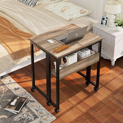 GreenForest Folding Desk with Wheels, 31.5 Inch Compact Rolling Computer Table with Storage Shelf, Portable Mobile Workstation for Small Spaces, Easy Assembly, Grey Wash