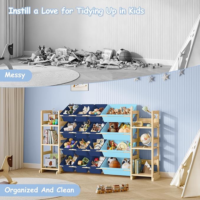 EXPERLAM Extra Large Toy Storage - Toy Storage Organizer, Wooden Toy Organizer with 6 Side Shelves and 16 Bins, 3-in-1 Bookshelf for Kids Rooms, Playroom, Nursery, Blue