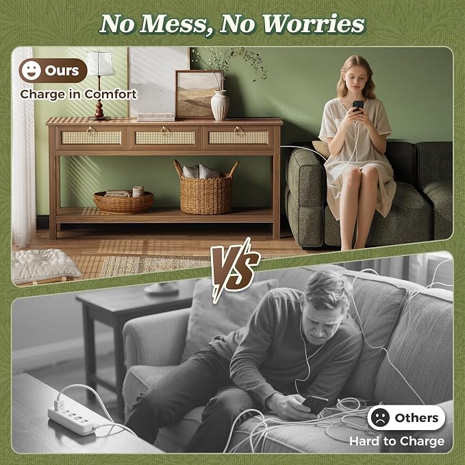 SUPERJARE Rattan Console Sofa Table with Outlets and USB-C Port, 3 Drawer Entryway Table with Synthetic Rattan Surface, 53.9 Inch, Open Shelf, Behind Couch Entry Foyer Hallway Storage, Brown