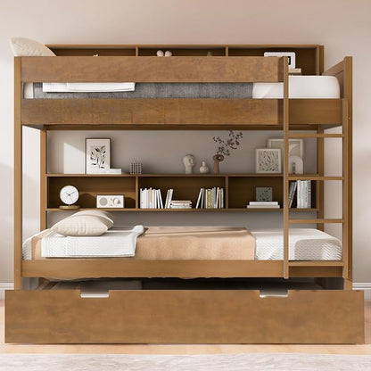 Harper & Bright Designs Rustic Wood Bunk Bed with Pull-Out Trundle, Full Over Full Wooden Bunk Bed with Large Cabinet Beside Upper and Down Bed, Wood