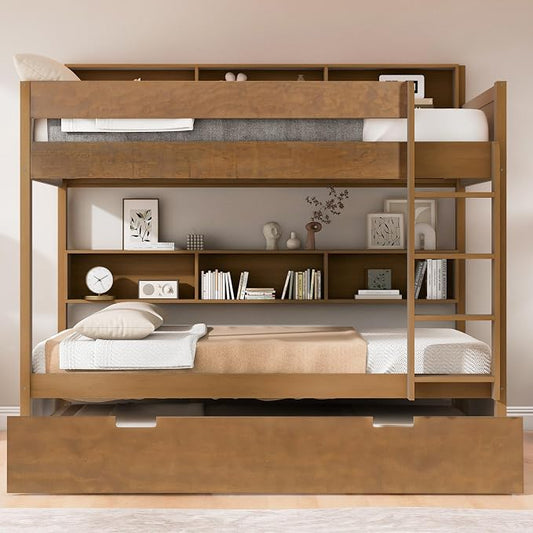 Harper & Bright Designs Rustic Wood Bunk Bed with Pull-Out Trundle, Full Over Full Wooden Bunk Bed with Large Cabinet Beside Upper and Down Bed, Wood
