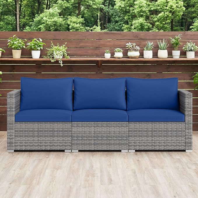 Tangkula 3 Seat Outdoor Wicker Sofa Set, Modular PE Rattan Patio Cushioned Sectional Couch Set, Outside Furniture Set for Deck, Backyard, Porch, Garden & Poolside (Navy)