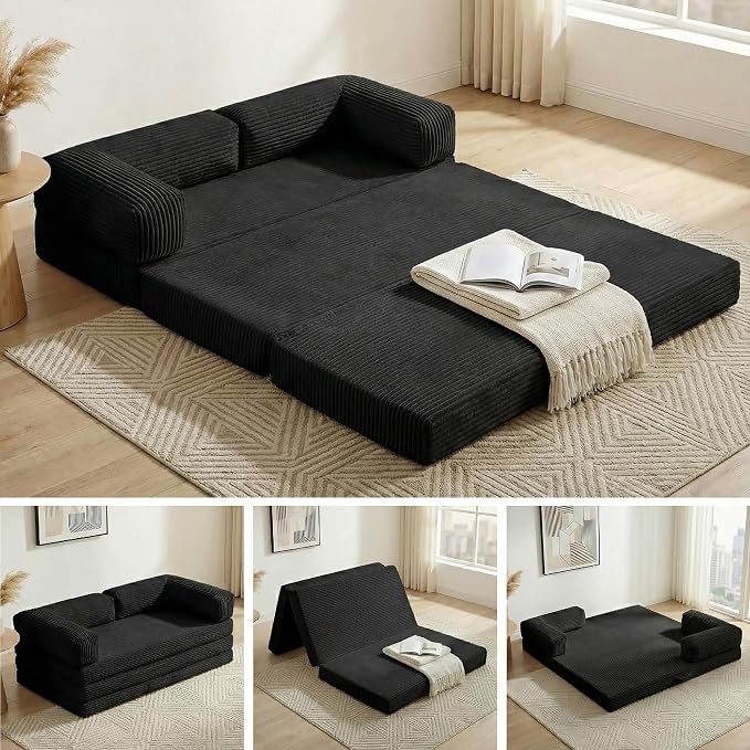 Convertible Sofa Bed King,5-in-1 Folding Boneless Couch Corduroy Futon Sofa Bed,Tri-Fold Mattress with Removable Armrests & Handle,Sleeper with Pull Out Bed for Small Space Living Room Bedroom