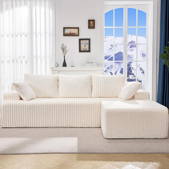 Hobestluk Boneless Couch Modular Sectional Sofa for Living Room Furniture | 98" Right Facing Chaise White,Memory Foam,Removable Cover,Non-slip Bottom,No Assemble Required,Furniture for Apartment