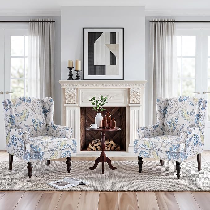 HUIMO Printed Wingback Accent Chair, Linen Upholstered High Back Armchair, Comfy Reading Chair for Living Room Bedroom Study, 300lbs Weight Capacity (2, Blue Floral)