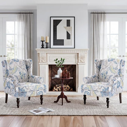 HUIMO Printed Wingback Accent Chair, Linen Upholstered High Back Armchair, Comfy Reading Chair for Living Room Bedroom Study, 300lbs Weight Capacity (2, Blue Floral)