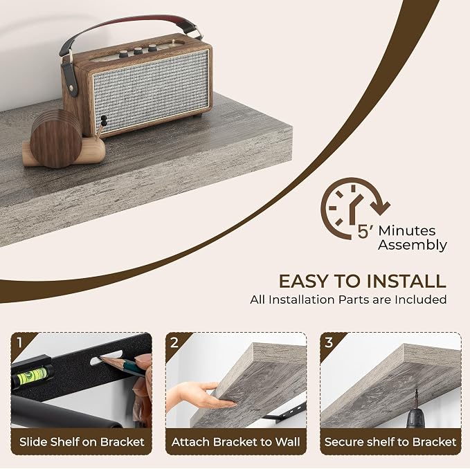 RICHFOCUS 48Inch Floating Shelves for Wall 2 Pack Shelves for Bedroom|Kitchen|Bathroom Wall Mounted Rustic Wood Floating Shelf with Invisible Brackets for Books|Storage|Decor, Grey