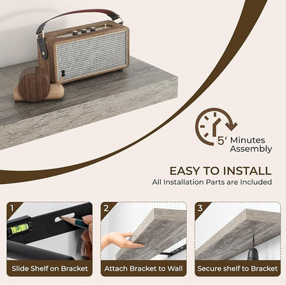 RICHFOCUS 48Inch Floating Shelves for Wall 2 Pack Shelves for Bedroom|Kitchen|Bathroom Wall Mounted Rustic Wood Floating Shelf with Invisible Brackets for Books|Storage|Decor, Grey
