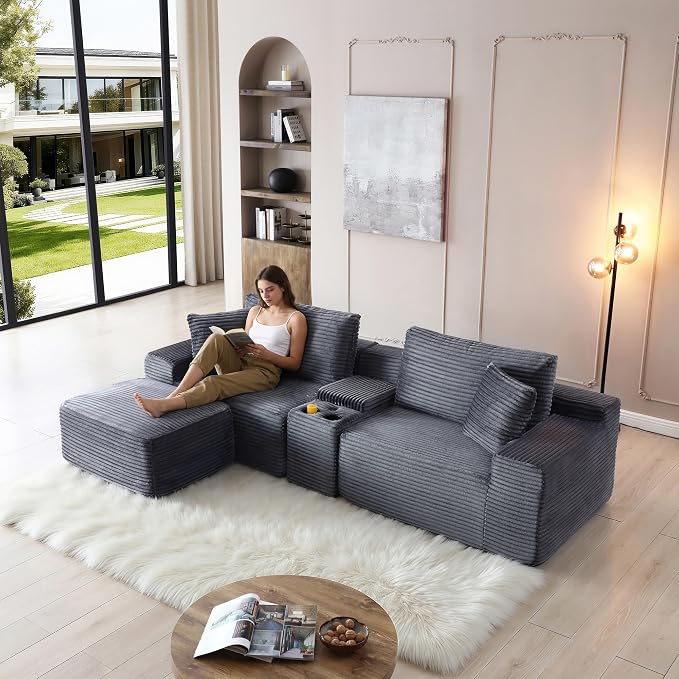 ivoros 111 Inch Modular Sectional Sofa Couch, Oversized Modern Cloud Couch for Living Room, L Shape Couches with Ottomans, USB Ports and Cup Holders, Grey Corduroy Boneless Sofas, Sofa in a Box