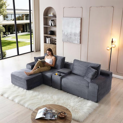 ivoros 111 Inch Modular Sectional Sofa Couch, Oversized Modern Cloud Couch for Living Room, L Shape Couches with Ottomans, USB Ports and Cup Holders, Grey Corduroy Boneless Sofas, Sofa in a Box