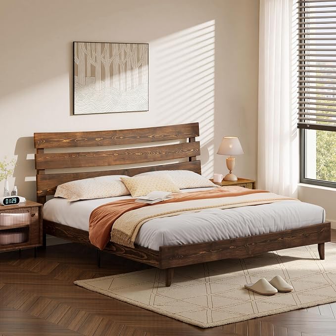 LUXOAK 14 Inch Solid Wood Bed Frame with Headboard, Japanese Bed Frame, Mid-Century Style Queen Size Platform Bed with Wood Slats Support, No Box Spring Needed, Easy Assembly, Chocolate