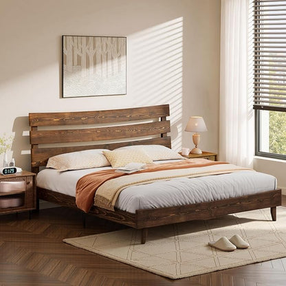 LUXOAK 14 Inch Solid Wood Bed Frame with Headboard, Japanese Bed Frame, Mid-Century Style Queen Size Platform Bed with Wood Slats Support, No Box Spring Needed, Easy Assembly, Chocolate
