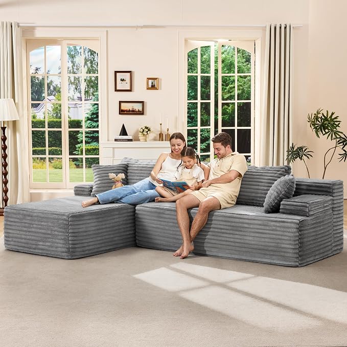 Hobestluk Boneless Couch Modular Sectional Sofa L-Shape Oversized Chaise | 108" Left Facing Chaise Pale Gray,Memory Foam,Removable Cover,Non-slip Bottom,No Assemble Required,Living Room Furniture
