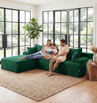 Hobestluk Modular Sectional Sofa Couches L-Shape Couch 3 Seat Modular Sofa Memory Foam Sectional Couches for Living Room, Cloud Couch with Oversized Chaise (Green Corduroy, 108", Left Hand Facing)