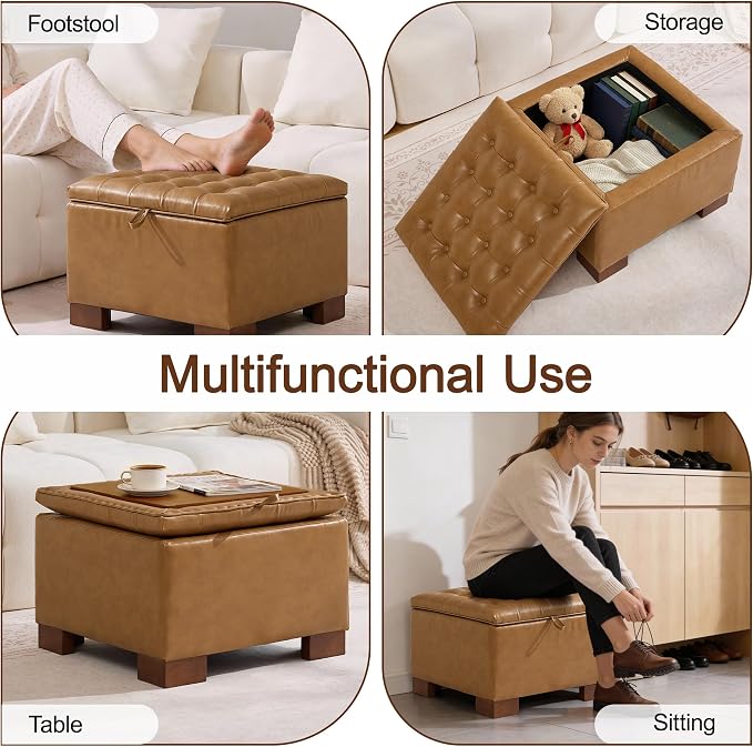 WUTUTUEE 24" Faux Leather Square Storage Ottoman with Wooden Tray, Modern Tufted Button Footstool Coffee Table, Upholstered Small Ottoman for Living Room, Bedroom, Brown