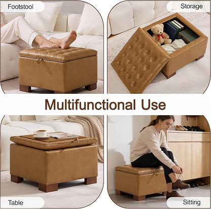 WUTUTUEE 24" Faux Leather Square Storage Ottoman with Wooden Tray, Modern Tufted Button Footstool Coffee Table, Upholstered Small Ottoman for Living Room, Bedroom, Brown