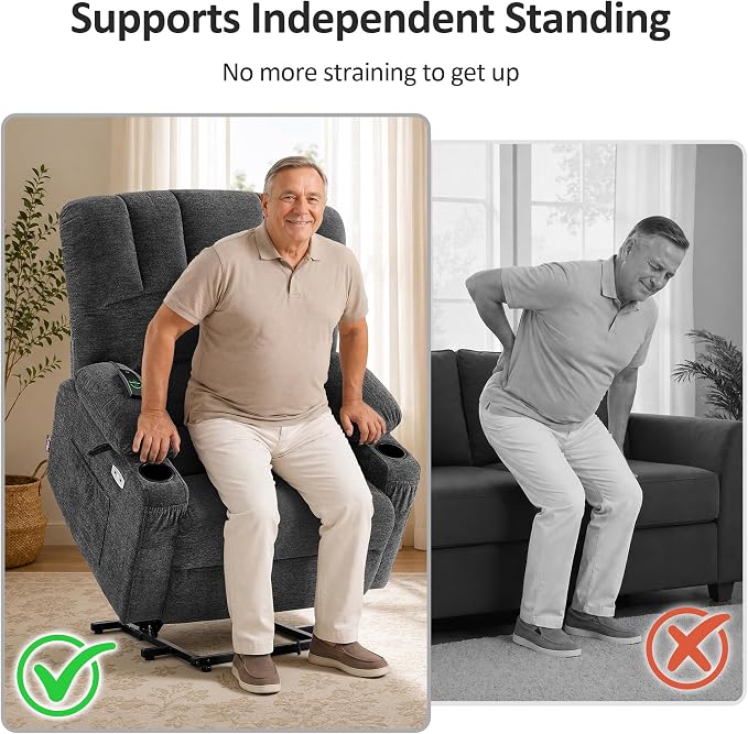 MCombo Oversized Power Lift Recliner Chair for Elderly, Lift Chair with Heat and Massage, Lift Recliner for Big and Tall, Cup Holders, USB & Type C Ports, Fabric R7092 (Dark Grey, Oversize)