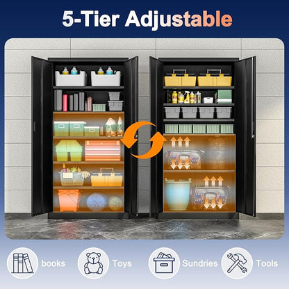71" H Tall Metal Storage Cabinet with Lock and 5 Adjustable Shelves, Metal Garage Storage Cabinet for Home, Office, Garage, Warehouse Organize, Black