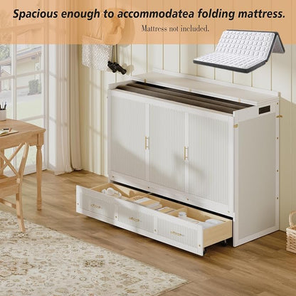 Bellemave Queen Size Murphy Bed with Charging Station and Storage, Farmhouse Murphy bedframe with Foldable Panel, Noisy Free, for Guest Bedroom, Living Room, White