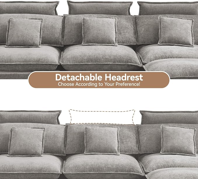 103'' Cloud Modern 3 Seater Couch with Detachable Headrest, Modular Sectional Sofa with Ottoman, Oversized L Shape Chenille Comfy Sofa with Armrests for Living Room, Light Grey