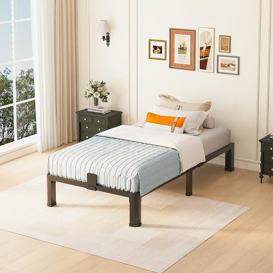 Yitong Angel 10 inch Twin Bed Frame with Rounded Corner Legs and Headboard Hole Mattress Slide Stopper Low Profile Heavy Duty Support Metal Platform,No Box Spring Needed,Noise Free,Easy Assembly