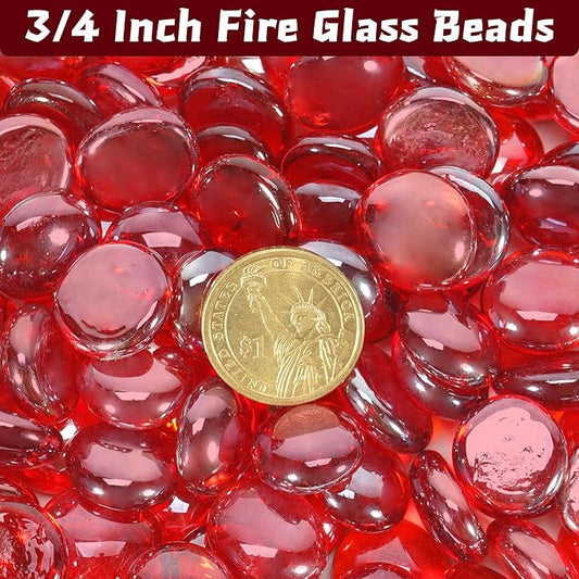 Fire Pit Glass Beads, Red Luster Reflective Tempered Glass Rocks for Natural, Propane or Gas Fireplace, Fire Pit Table, Marbles for Vase, Landscaping, Home Decor, 20lb