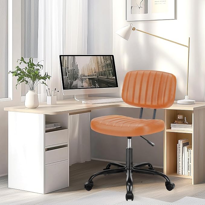 YSSOA Home Office Chair Desk Chair with Low Back and Wheels PU Leather Computer Chair Ergonomic Adjustable Height Comfy Chair Armless with Swivel Rolling Vanity Chairs for Bedroom Adult Brown