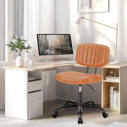YSSOA Home Office Chair Desk Chair with Low Back and Wheels PU Leather Computer Chair Ergonomic Adjustable Height Comfy Chair Armless with Swivel Rolling Vanity Chairs for Bedroom Adult Brown