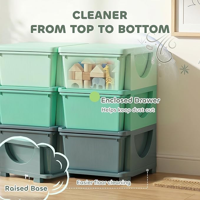 Qaba 6 Drawers Kids Storage Unit, 3 Tier Stackable Toy Organizers and Storage Chest for Bedroom, Nursery, Playroom, Living Room, Boys, Girls, Toddlers, Green