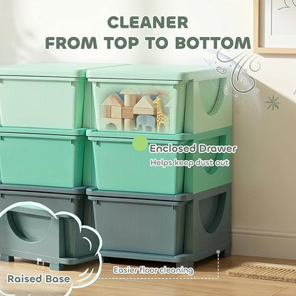Qaba 6 Drawers Kids Storage Unit, 3 Tier Stackable Toy Organizers and Storage Chest for Bedroom, Nursery, Playroom, Living Room, Boys, Girls, Toddlers, Green